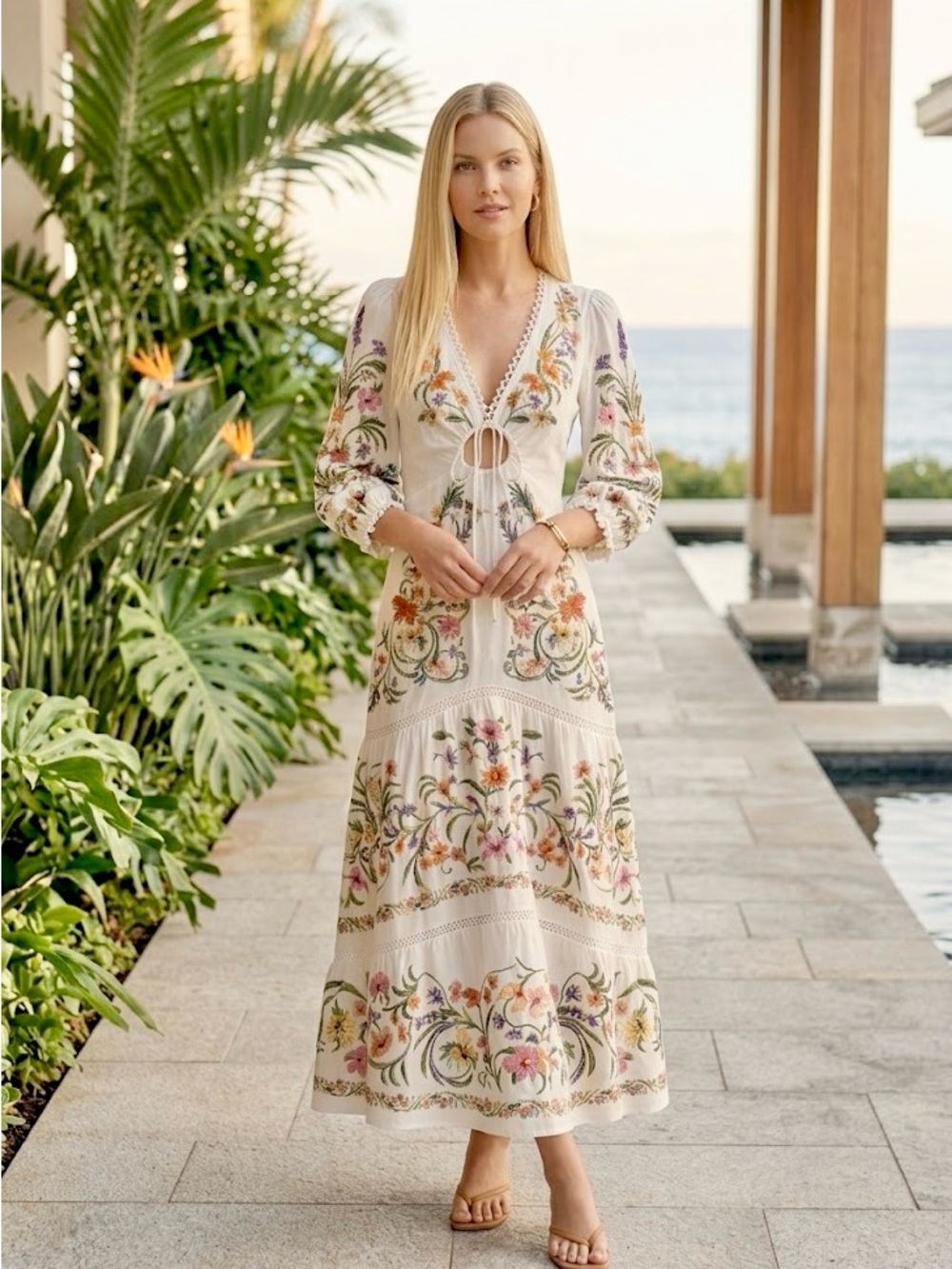 FARM Rio White Floral Printed Linen Blend Cutout Maxi Dress Size XS Petite NWT